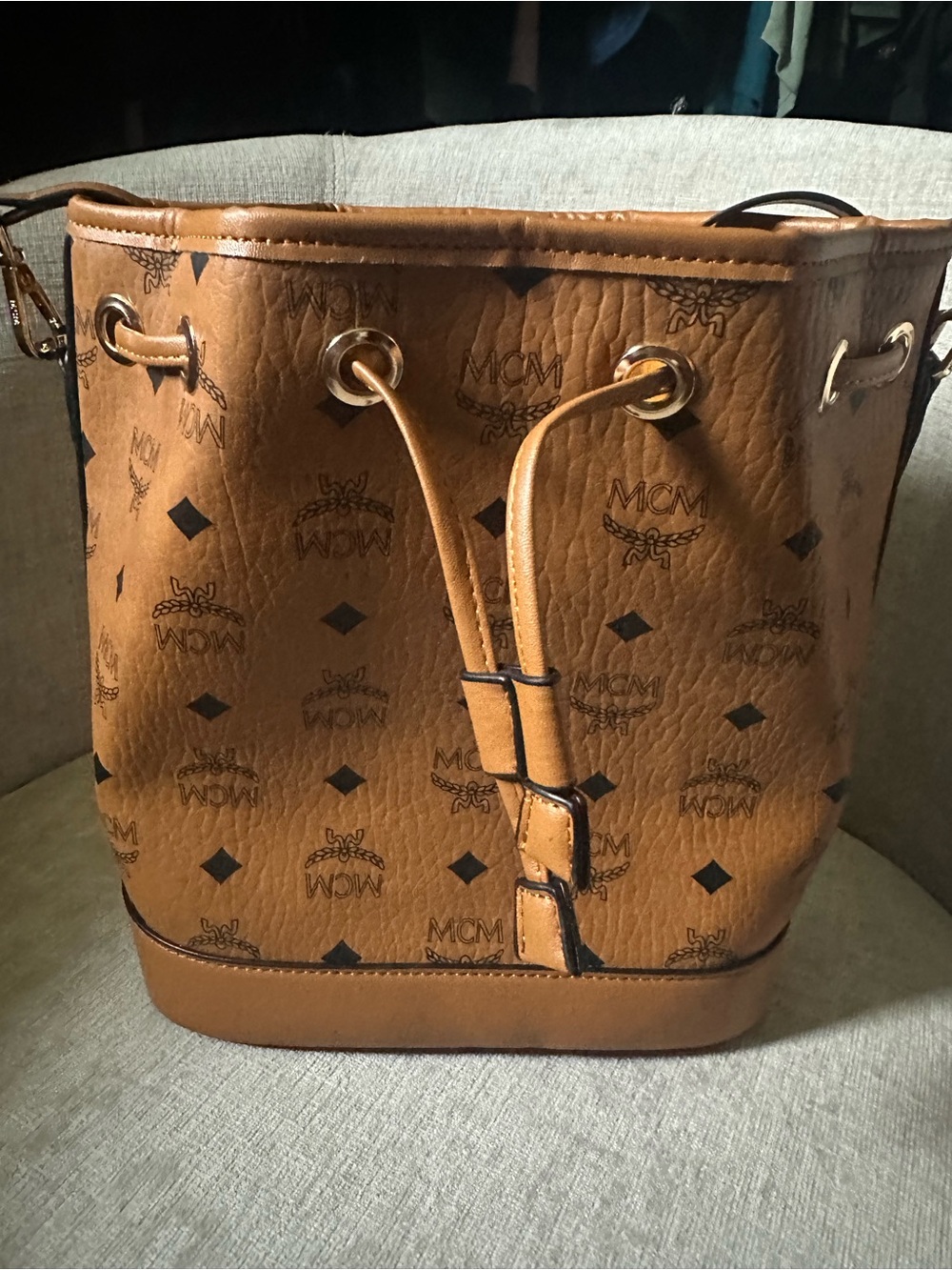 Cognac Brown Drawstring Bucket Bag